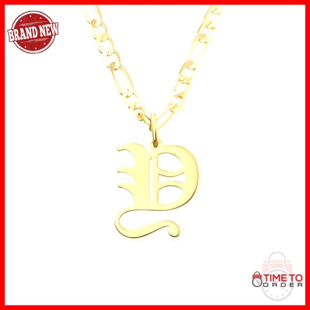 14k Gold Plated Initial Pendant Necklace with Figaro Chain
